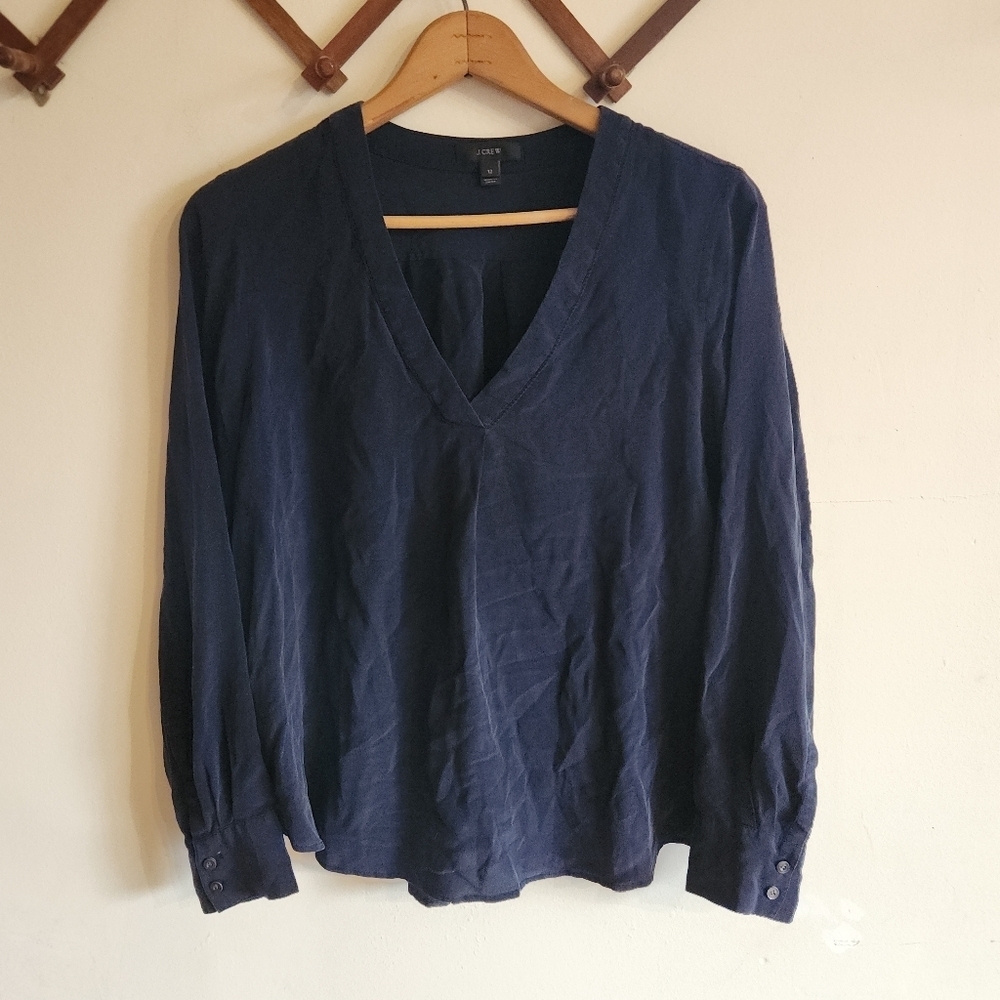 J Crew Silk Navy V-Neck Long Sleeve Popover Blouse X Large 12